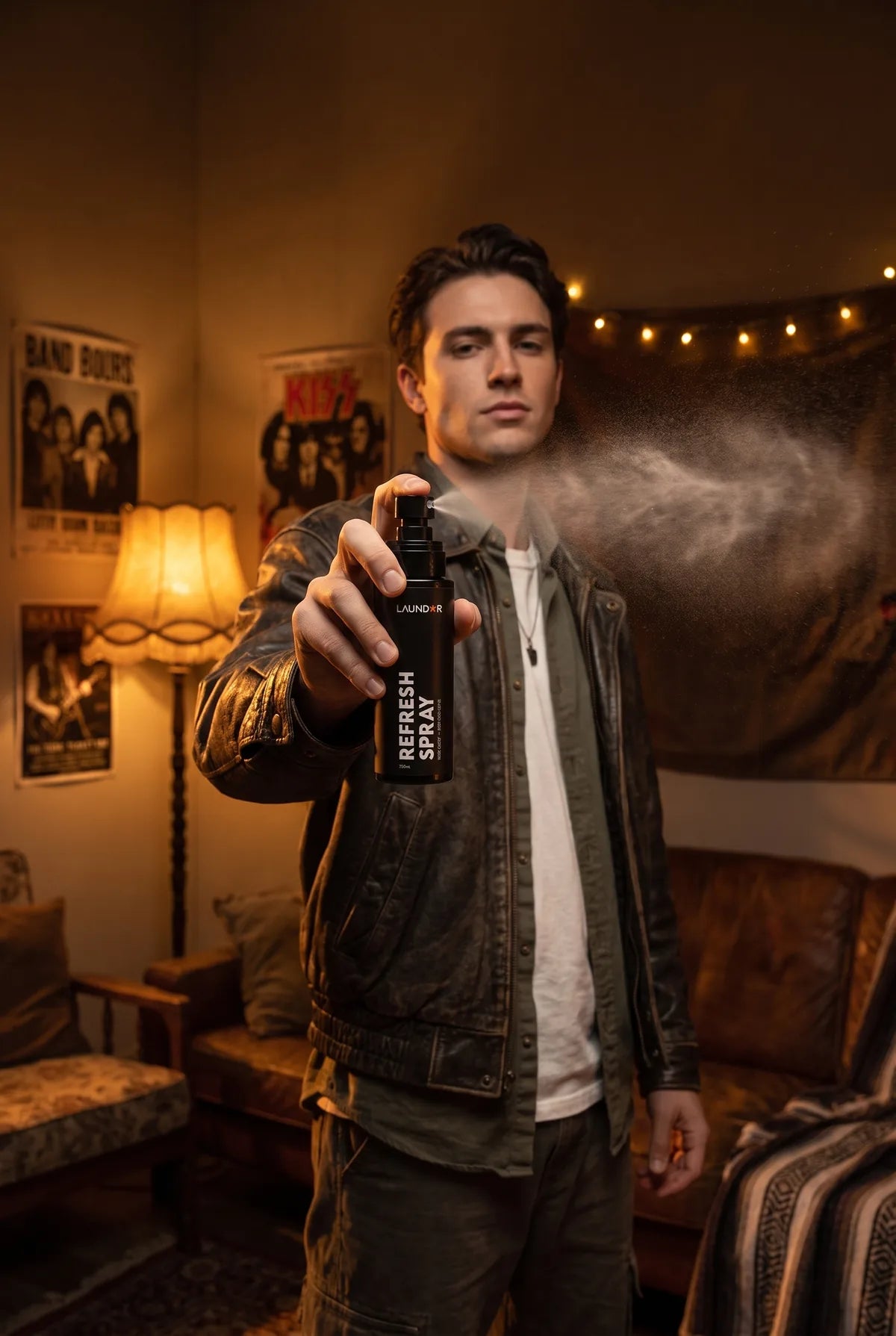 Man spraying LAUNDOR Refresh Spray