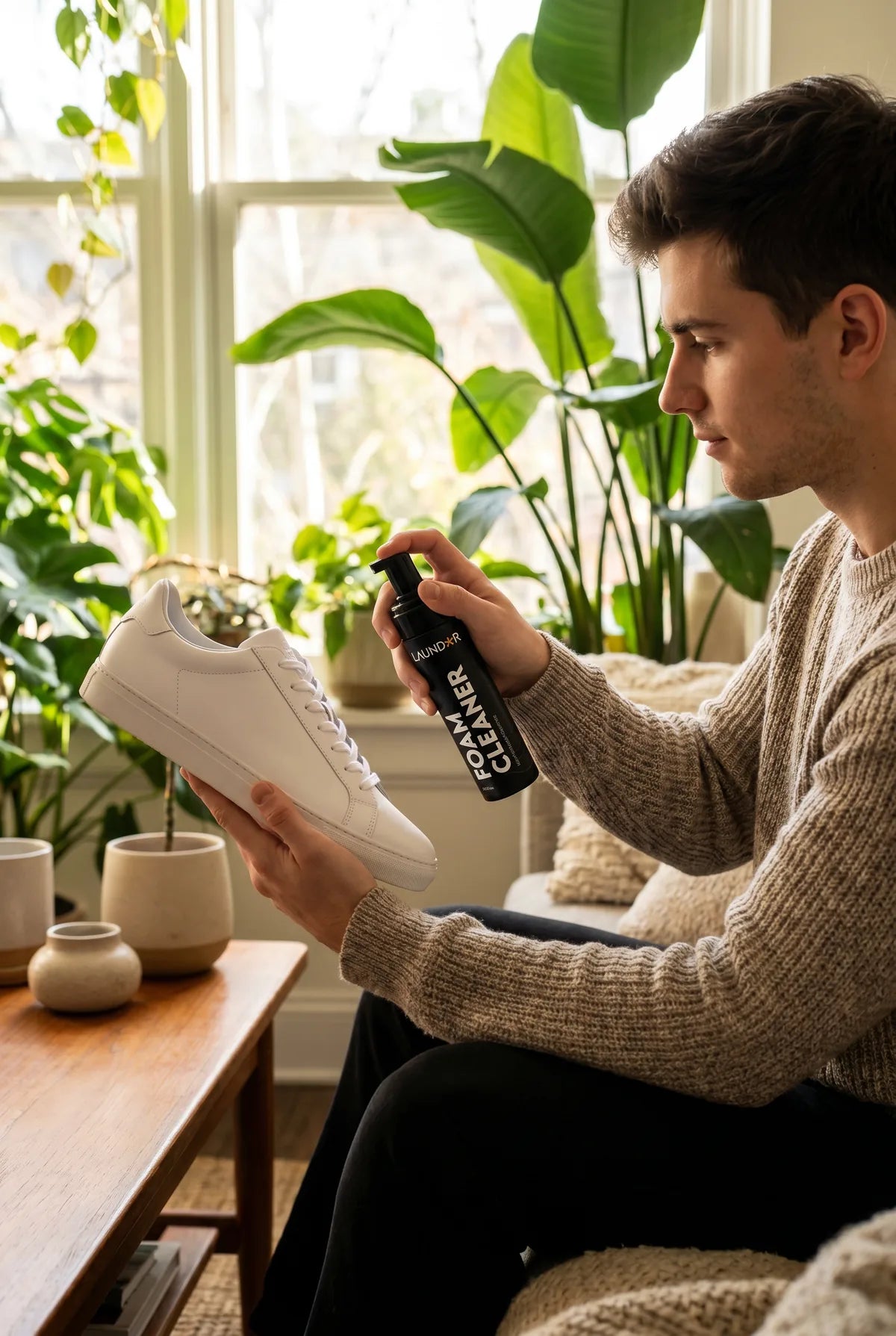 Man cleaning a white sneaker with LAUNDOR Foam Cleaner