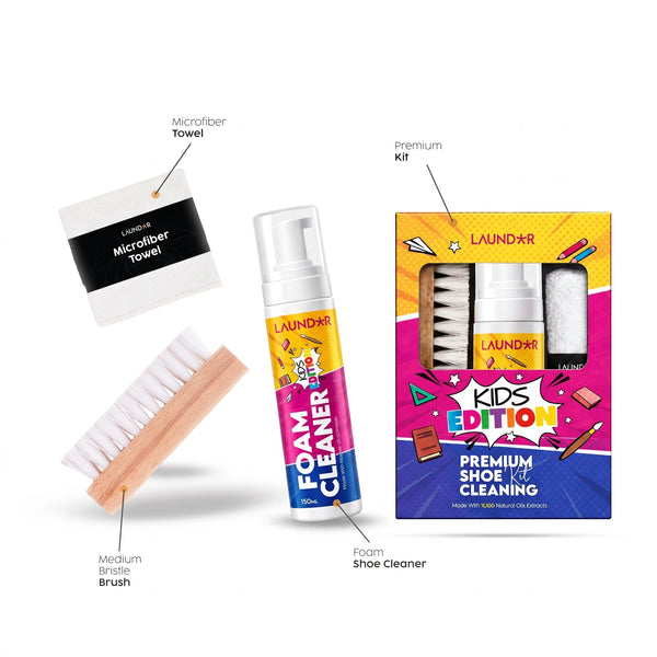 Kids kit contents — foam cleaner, brush and microfiber towel
